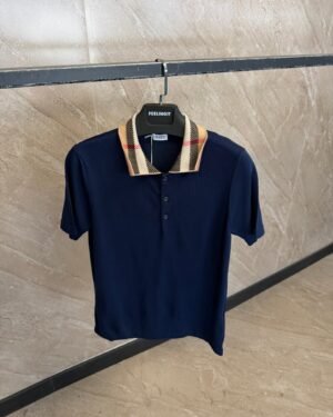 Burberry Check Collar Cotton Polo Shirt Dark Blue
