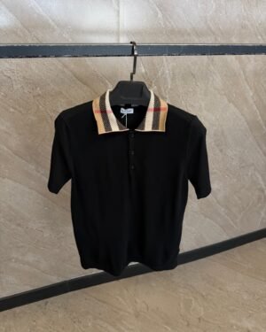 Burberry Check Collar Cotton Polo Shirt Black