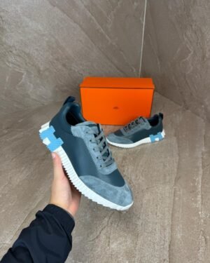 Hermes Bouncing Blue Grey Sneakers, Blue Logo