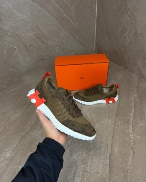 Hermes Bouncing Brown Sneakers, Orange Logo