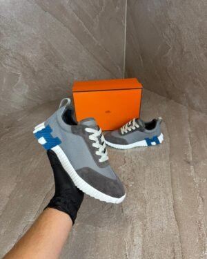 Hermes Bouncing Grey, Blue Logo Sneakers