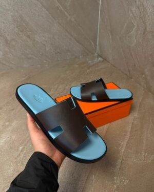 Hermes Izmir Suede Dark Brown / Blue Slippers