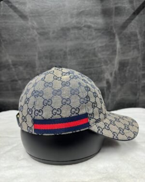 Gucci GG Pattern Cap Grey With N.Blue Red Lines