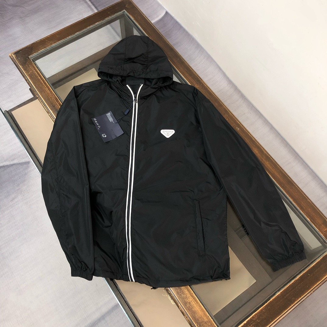 Prada Re-Nylon White Zipper Windbreaker Black